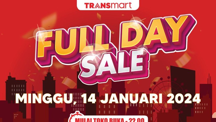 Transmart Full Day Sale kembali lagi, Minggu (14/1). Dalam program tersebut, Transmart akan memberikan diskon besar-besaran untuk berbagai barang kebutuhan.