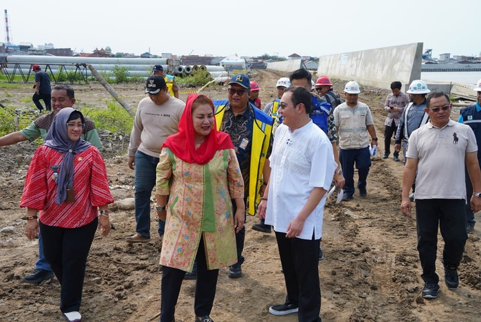 Wali Kota Semarang, Hevearita Gunaryanti Rahayu bersama anggota DPR RI, Mochamad Herviano Widyatama meninjau proses pembangunan tanggul laut di wilayah Kelurahan Tambakrejo, Kecamatan Semarang Utara, Jumat (12/1).