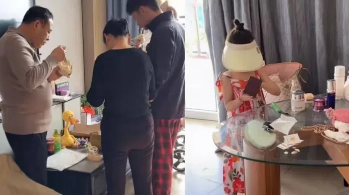 Happy excited family and daughter children buying payment for flight ticket booking hotel online using laptop with travel suitcase around at home living room. Holiday vacation traveling abroad concept