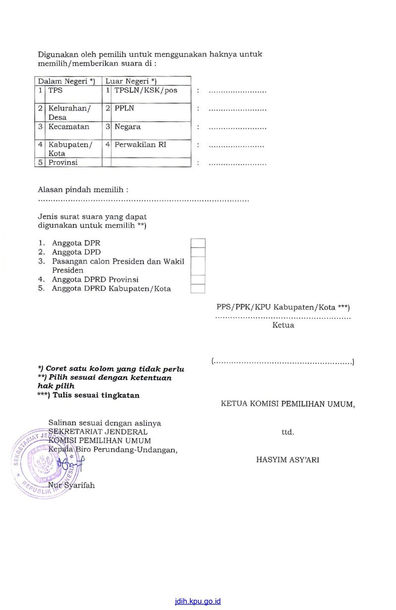 Formulir Model A-Surat Pindah Memilih (Foto: Dok. KPU)