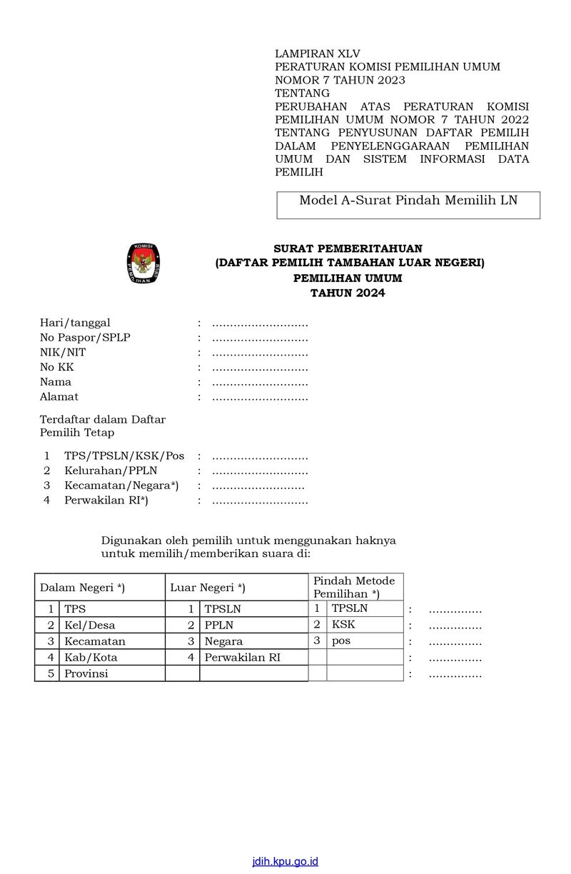 Formulir Model A-Surat Pindah Memilih LN (Foto: Dok. KPU)