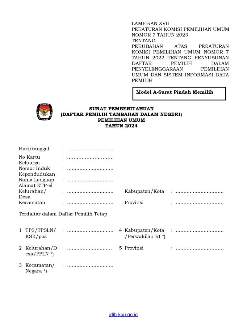 Formulir Model A-Surat Pindah Memilih (Foto: Dok. KPU)