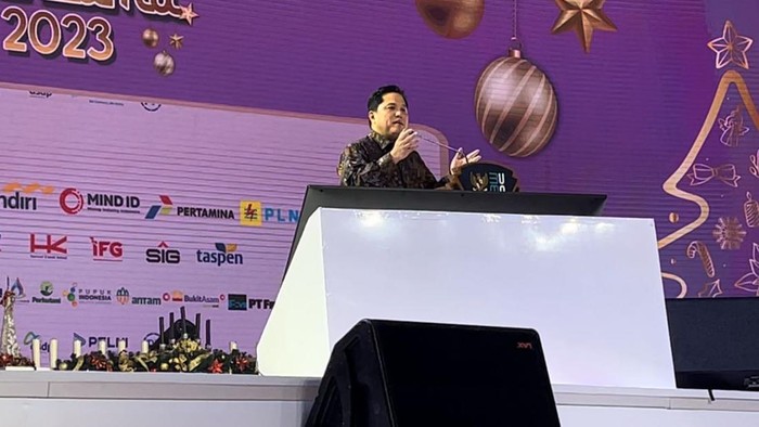 Menteri BUMN Erick Thohir menyampaikan sejumlah pesan dalam acara perayaan Natal bersama Kementerian BUMN di JCC, Senayan, Jakarta Pusat, Senin (15/1/2024).
