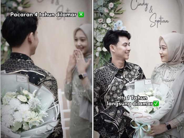 Pasangan Cindi dan Septian yang menjalani hubungan tanpa status (HTS) selama satu tahun, berujung menggelar acara lamaran. Kisahnya langsung viral di TikTok