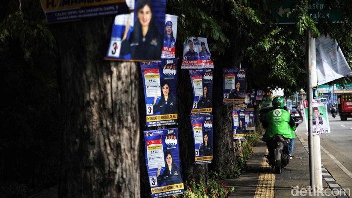 Potret Poster Caleg Dicap Tersangka Penusukan Pohon Sejumlah poster caleg yang di tempel di pohon sepanjang jalan Yos Sudarso, Jakarta Utara, Senin (15/1/2024). Poster-poster caleg yang terpaku di pohon membuat sekelompok warga geram. Warga pun memberi cap poster itu dengan