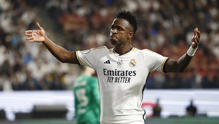 Soccer Football - Spanish Super Cup - Final - Real Madrid v FC Barcelona - Al-Awwal Stadium, Riyadh, Saudi Arabia - January 14, 2024  Real Madrids Vinicius Junior reacts REUTERS/Juan Medina