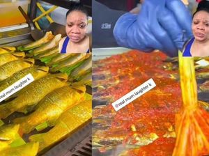 Pertama Kali Lihat Ikan Bakar Pakai Daun Pisang, Wanita Ini Takjub