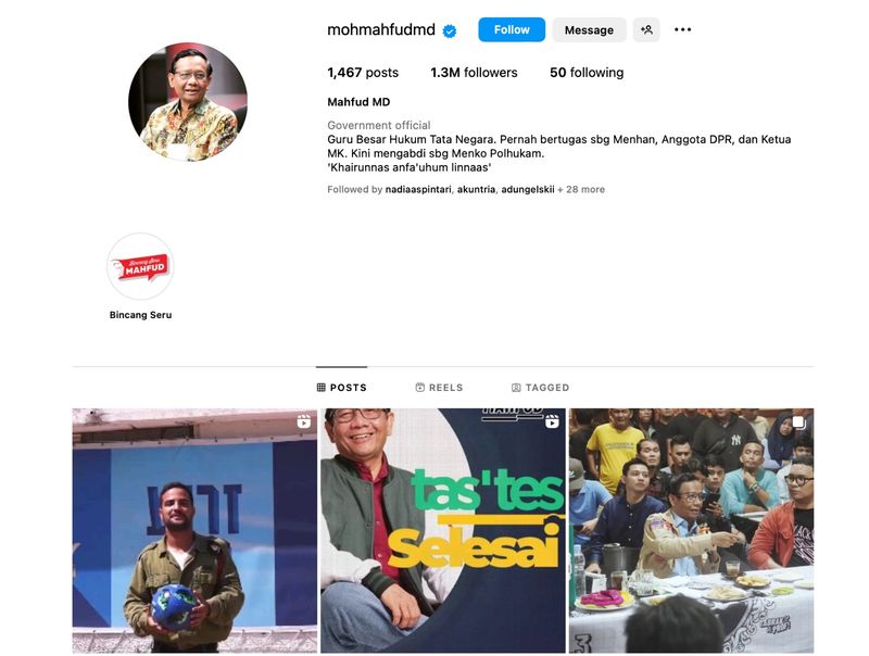 Akun Instagram Mahfud Md