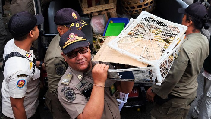 Satpol PP Denpasar Tertibkan Pedagang di Atas Trotoar Petugas Satpol PP Kota Denpasar menyita barang milik pedagang yang melanggar saat inspeksi mendadak (sidak) di kawasan Pasar Sanglah, Denpasar, Bali, Selasa (16/1/2024). Petugas menertibkan pedagang yang berjualan di trotoar hingga badan jalan karena mengganggu aktivitas pejalan kaki dan lalu lintas. ANTARA FOTO/Nyoman Hendra Wibowo/wpa.