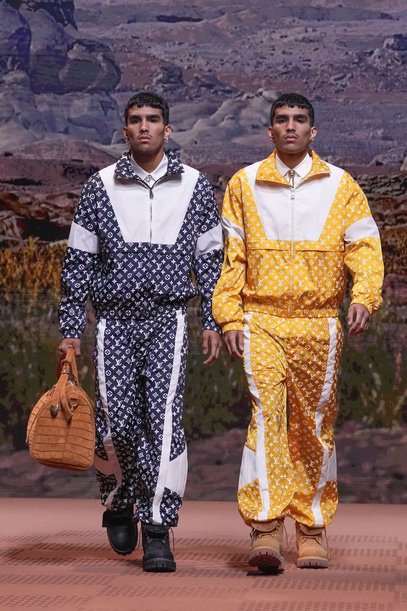 A model wears a creation for Louis Vuitton as part of the Menswear ready-to-wear Fall-Winter 2024-2025 collection presented in Paris, Tuesday, Jan. 16, 2024. (AP Photo/Thibault Camus)