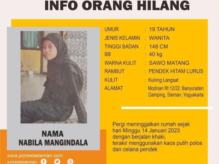 Nabila Mangindala dilaporkan pergi dari rumahnya di Sleman sejak Minggu (14/1/2024).