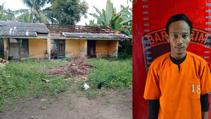 Kolase foto. Atap rumah dinas SD di Sergai yang dicuri para pelaku.Tampang Ade Novri, pelaku pencurian atap rumah dinas SD di Sergai. (dok. Polres Sergai)