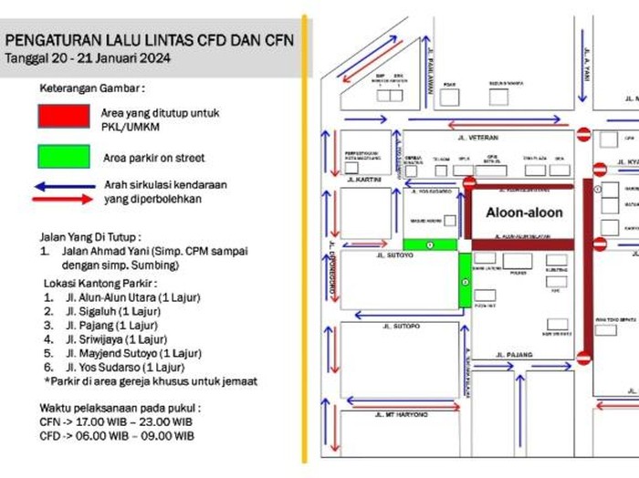 Peta penutupan jalan untuk car free night (CFN) dan car free day (CFD) di Kota Magelang. Diunggah Kamis (18/1/2024).