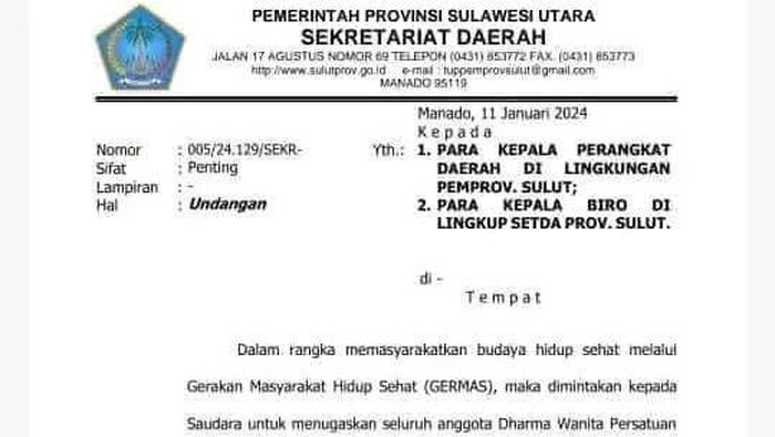 Surat beredar yang mengatasnamakan Pemprov Sulut.