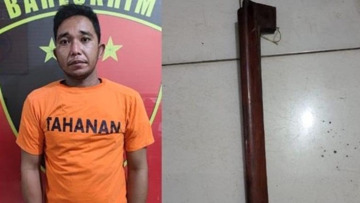 Yabani saat diamankan pihak kepolisian Muba beserta sajam yang digunakannya untuk melukai korban.