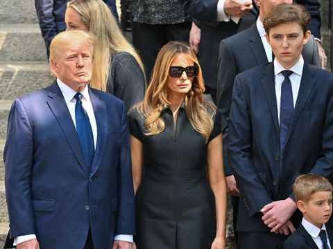 NEW YORK, NEW YORK - JULY 20:  Former U.S. President Donald Trump, former U.S. First Lady Melania Trump and Barron Trump are seen at the funeral of Ivana Trump on July 20, 2022 in New York City.  (Photo by James Devaney/GC Images)
