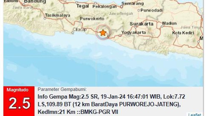Gempa bumi magnitudo (M) 2,5 di Kabupaten Purworejo, Jumat (19/1/2024) sore.