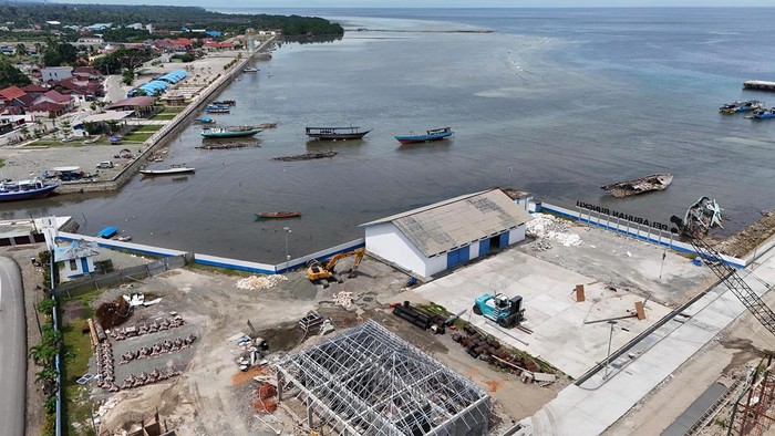 Foto udara sejumlah alat berat di lokasi proyek perbaikan Pelabuhan Bungku, Kabupaten Morowali, Sulawesi Tengah, Kamis (18/1/2024). Pemerintah melakukan perbaikan struktur dan merenovasi pelabuhan tersebut untuk kelancaran transportasi laut maupun distribusi logistik guna meningkatkan perekonomian daerah maupun masyarakat sekitar. ANTARA FOTO/Mohamad Hamzah/tom.