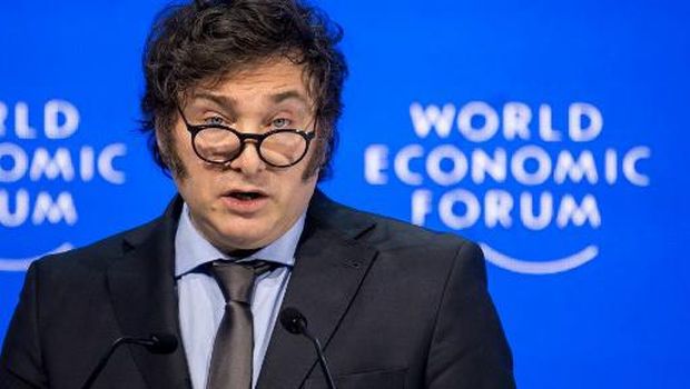 Argentina's President Javier Milei delivers a speech at the World Economic Forum (WEF) meeting in Davos on January 17, 2024. (Photo by Fabrice COFFRINI / AFP)