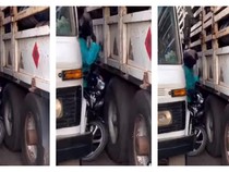Detik-detik Pemotor Kejepit 2 Truk Besar, Mau Keluar Susah
