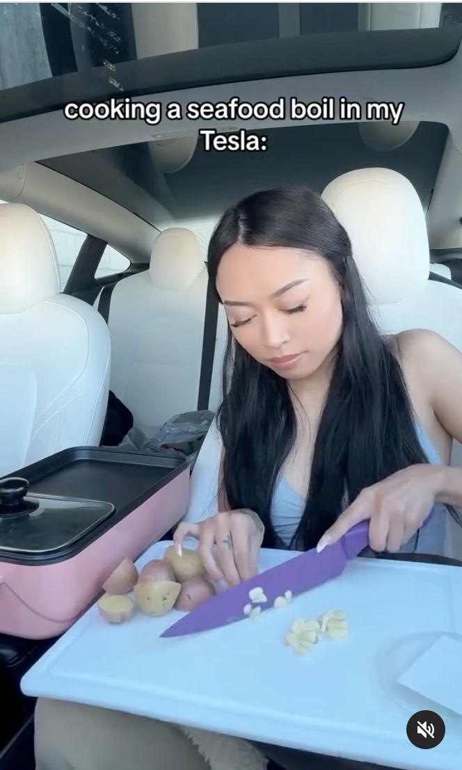 Wow! Wanita ini menunjukkan bagaimana dia bisa memasak makanan laut di dalam mobil listrik