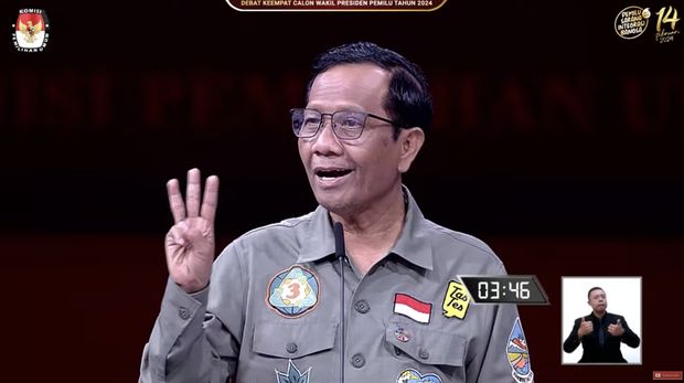 Cawapres nomor urut tiga Mahfud MD menyampaikan gagasanya saat debat calon wakil presiden Pemilu 2024 di JCC, Jakarta, Minggu, (21/1/2024). (Tangkapan Layar Youtube KPU RI)