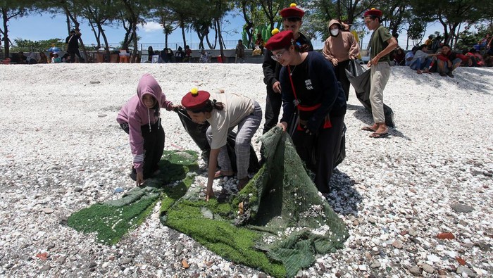 Sejumlah mahasiswa Perhimpunan Mahasiswa Katolik Republik Indonesia (PMKRI) memungut sampah di Pantai Kenjeran, Surabaya, Jawa Timur, Minggu (21/1/2024). Aksi membersihkan pantai dari sampah itu merupakan bentuk kepedulian mereka terhadap kebersihan lingkungan terutama di kawasan wisata pesisir. ANTARA FOTO/Didik Suhartono/rwa.