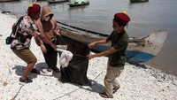 Sejumlah mahasiswa Perhimpunan Mahasiswa Katolik Republik Indonesia (PMKRI) memungut sampah di Pantai Kenjeran, Surabaya, Jawa Timur, Minggu (21/1/2024).