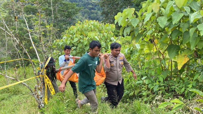 Polisi saat mengevakuasi jenazah korban pembunuhan di Samosir