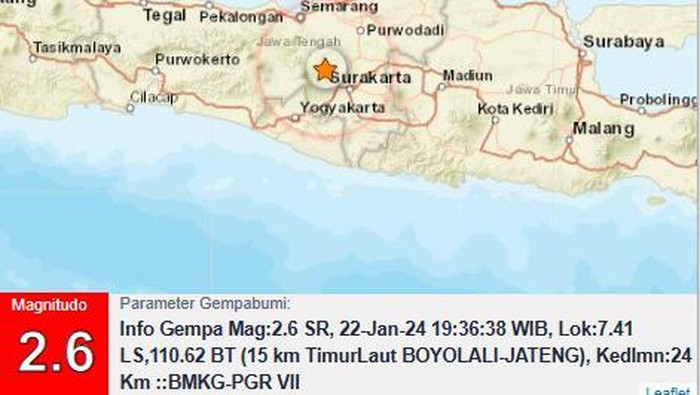 Gempa bumi di Boyolali, Senin (22/1/2024) malam.