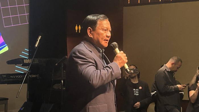 Prabowo Subianto di acara Relawan Erik Thohir Alumni Amerika Serikat for 02 (ETAS) di Plaza Senayan.