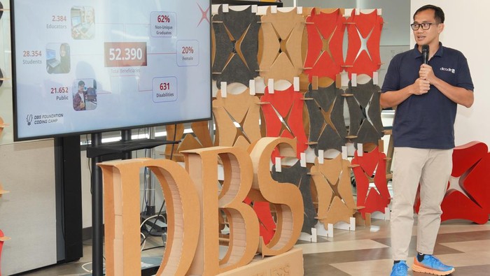 Beasiswa Pelatihan Coding untuk Genjot Transformasi Bisnis (Ki-ka) Founder and CEO Dicoding Narenda Wicaksono, Head of Group Strategic Marketing & Communications PT Bank DBS Indonesia Mona Monika, Best Graduates DBS Foundation Coding Camp 2023, dan Director of Technology & Operations PT Bank DBS Indonesia Sujatno Polina berfoto bersama pada acara peluncuran DBS Foundation Coding Camp 2024 di Jakarta, Selasa (23/1/2024).