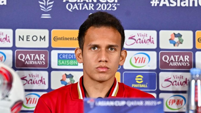 Indonesian national team player Egy Maulana Vikri is attending a press conference ahead of the AFC Asian Cup 2023 Qatar Group F match between Indonesia and Japan in Doha, Qatar, on January 23, 2023. (Photo by Noushad Thekkayil/NurPhoto via Getty Images)