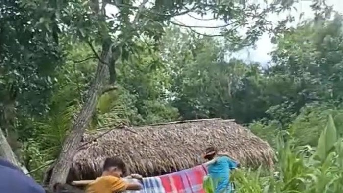 Warga sakit di Desa Margasari Kecamatan Naringgul ditandu menyusuri hutan