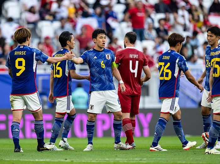 DOHA, QATAR - JANUARY 24:  of Japan scores his teams second goal during the AFC Asian Cup Group D match between Japan and Indonesia at Al Thumama Stadium on January 24, 2024 in Doha, Qatar. (Photo by Markus Gilliar - GES Sportfoto/Getty Images)