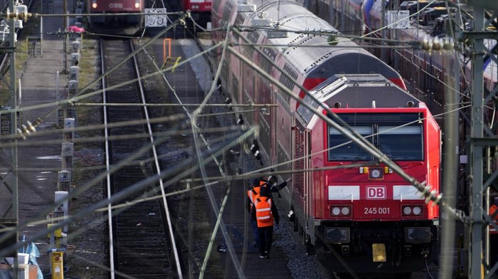 Trains are parked outside the central train station in Munich, Germany, Tuesday, Jan. 23, 2024. German GDL union announced a six-day long strike of the train drivers from Wednesday on. (AP Photo/Matthias Schrader)