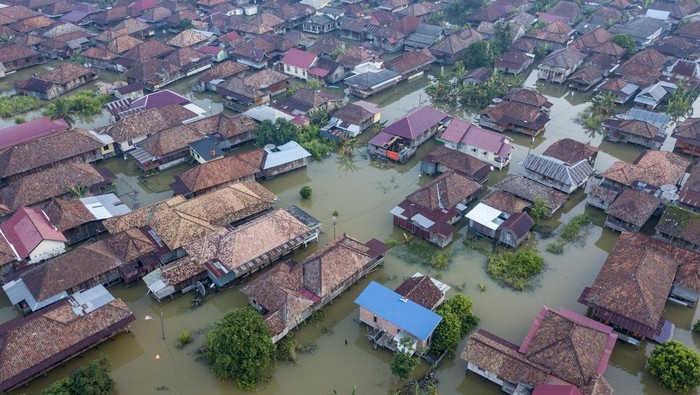 Warga menggunakan perahu untuk beraktivitas saat banjir merendam kawasan permukiman Seberang Kota Jambi (Sekoja), Jelmu, Jambi, Rabu (24/1/2024). Ratusan rumah di Kecamatan Pelayangan dan Danau Teluk kota itu masih terendam banjir akibat meluapnya Sungai Batanghari yang terjadi sejak akhir Desember tahun lalu, sejumlah warga terpaksa menggunakan perahu untuk beraktivitas di luar rumah. ANTARA FOTO/Wahdi Septiawan/nz.