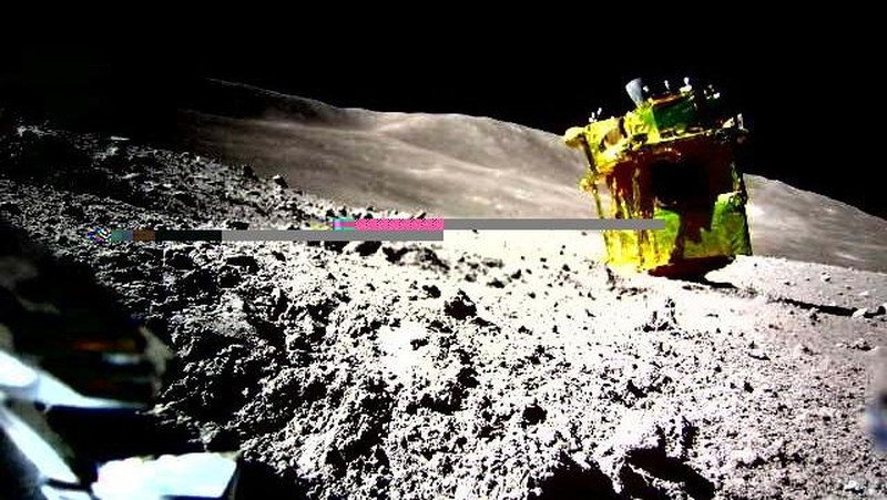 The Smart Lander for Investigating Moon (SLIM), is seen in this handout image taken by LEV-2 on the moon, released on January 25, 2024. Japan Aerospace Exploration Agency (JAXA), TAKARA TOMY, Sony Group, Doshisha University /via REUTERS ATTENTION EDITORS - THIS IMAGE HAS BEEN SUPPLIED BY A THIRD PARTY. MANDATORY CREDIT. NO RESALES. NO ARCHIVES. TEXT PROVIDED AT SOURCE. TRANSMISSION ERROR FROM SOURCE