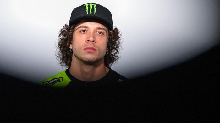 Mooney VR46 Racings Italian rider Marco Bezzecchi attends a press conference at the Sepang International Circuit in Sepang on November 9, 2023, ahead of the practice sessions for the MotoGP Malaysia Grand Prix. (Photo by Mohd RASFAN / AFP)