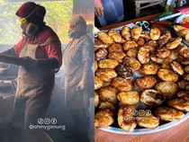 Nyentrik! Penjual Kue Ini Pakai Masker Hazmat agar Terhindar Asap