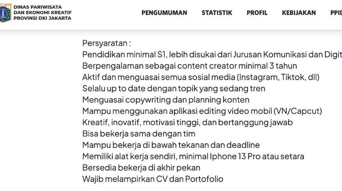 Syarat lowongan kerja Disparekraf DKI