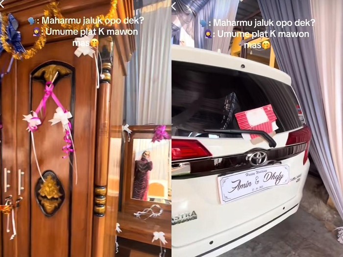 Acara pernikahan seserahan lemari dan meja rias yang terbuat dari kayu dan mobil, mendadak viral di TikTok