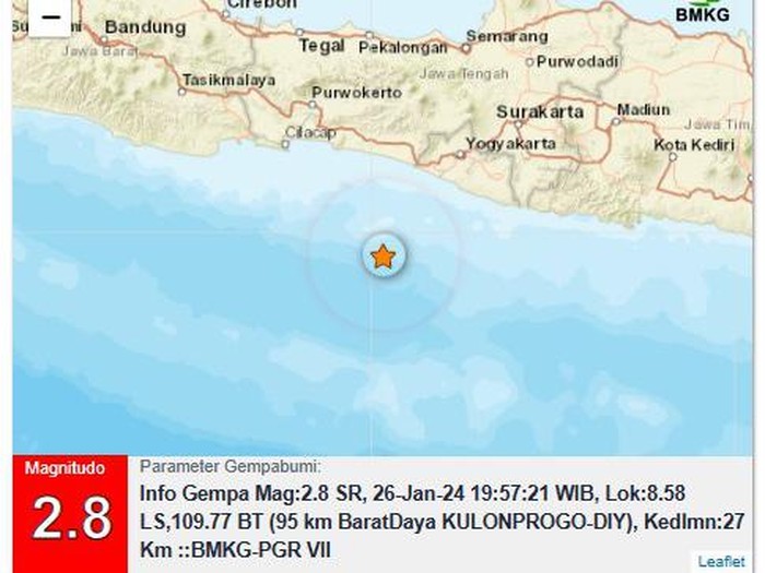 Gempa bumi magnitudo (M) 2,8 di perairan Kabupaten Kulon Progo, Daerah Istimewa Yogyakarta (DIY), Jumat (26/1/2024) malam.