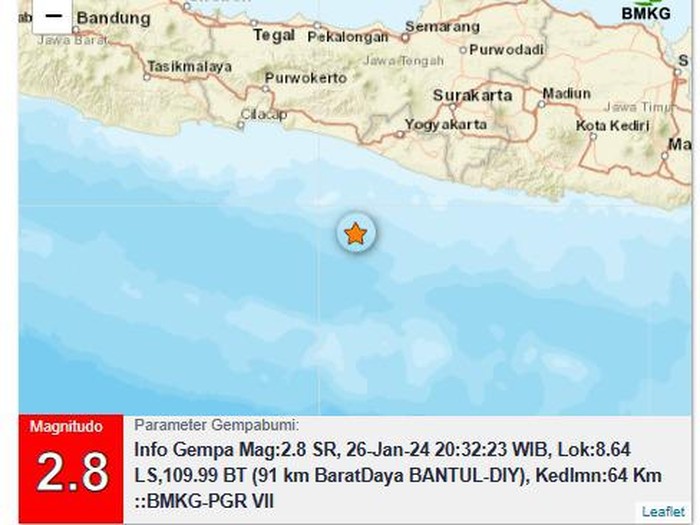 Gempa M 2,8 di perairan Bantul pada pukul 20.32 WIB, Jumat (26/1/2024) malam.