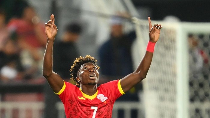 DOHA, QATAR - JANUARY 25: Joel Kojo of Kyrgyzstan celebrates scoring a goal which is later disallowed during the AFC Asian Cup Group F match between Kyrgyzstan and Oman at Abdullah Bin Khalifa Stadium on January 25, 2024 in Doha, Qatar. (Photo by Adam Nurkiewicz/Getty Images)