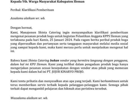 Klarifikasi pihak Shinta Catering soal snack KPPS Sleman.