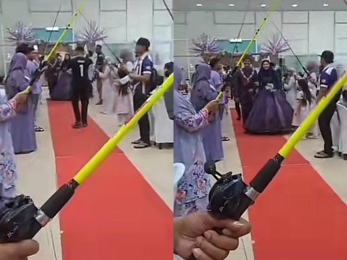 Pasangan pengantin yang berasal dari Malaysia ini disambut dengan prosesi mancing pora, mendadak viral di TikTok