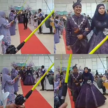 Pasangan pengantin yang berasal dari Malaysia ini disambut dengan prosesi mancing pora, mendadak viral di TikTok