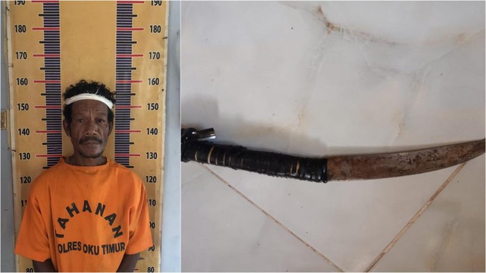Tersangka Simon dan barang bukti pisau yang diamankan Polres OKU Timur.