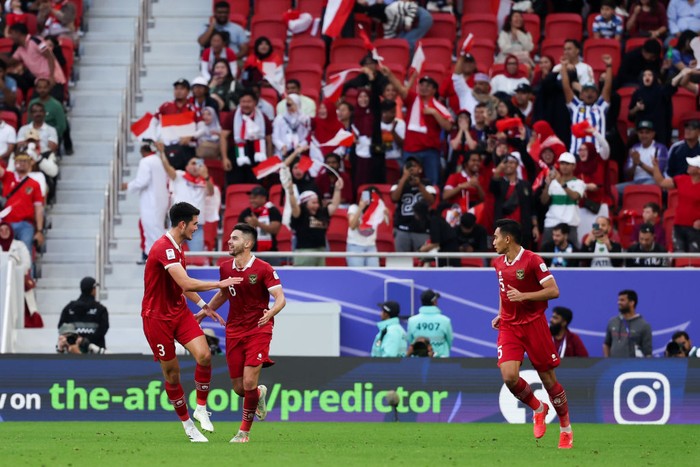 DOHA, QATAR - JANUARY 24: Sandy Walsh #6 of Indonesia celebrates his goal during the AFC Asian Cup Group D match between Japan and Indonesia at Al Thumama Stadium on January 24, 2024 in Doha, Qatar. (Photo by Zhizhao Wu/Getty Images)
